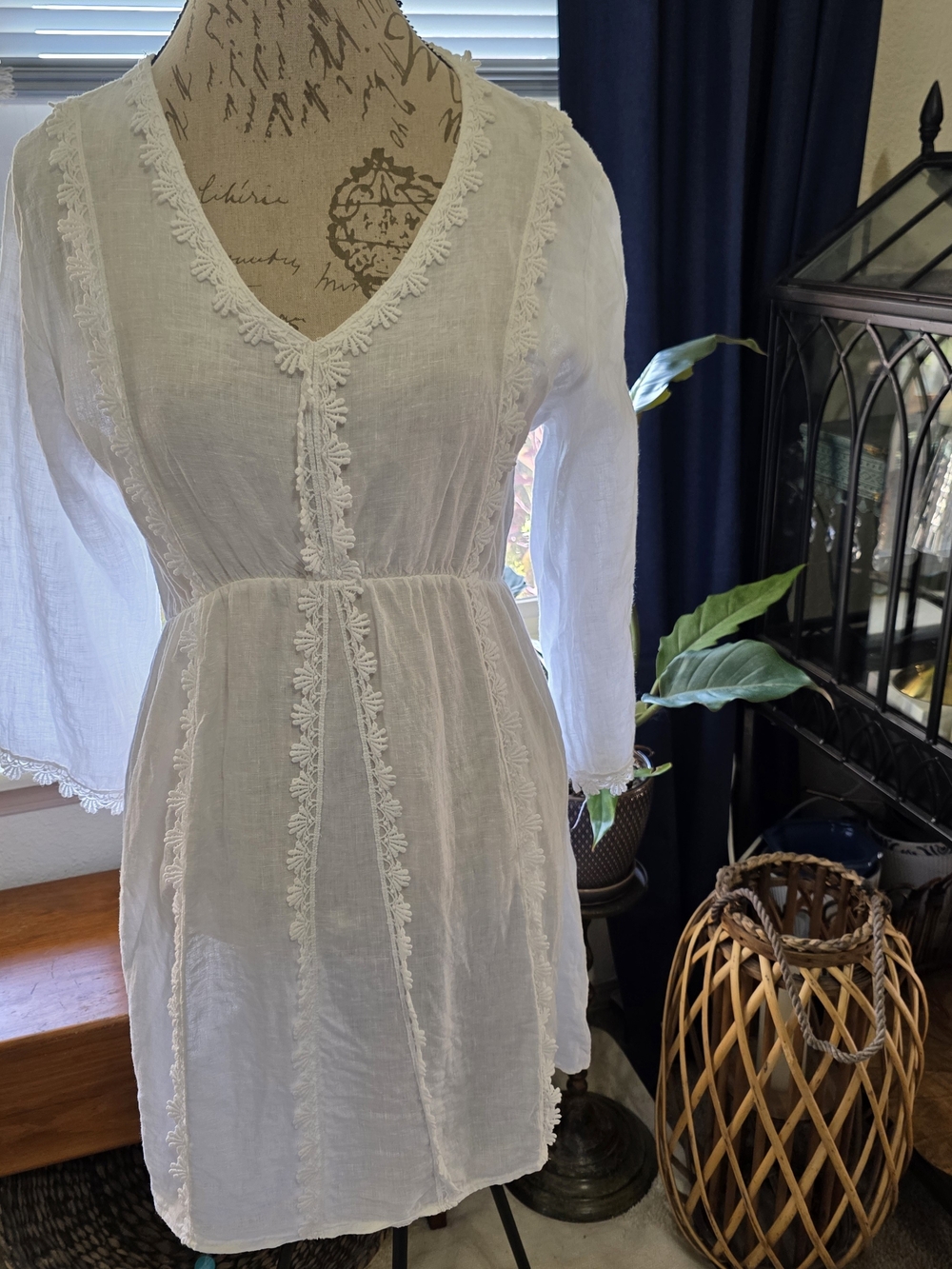 Valentina Linen V-Neck Lace-Trim Crochet Mini Dress Cover Up - Picture 2 of 10